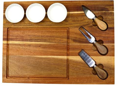 Kadum Käsebrett Set mit Besteck | Käseplatte 3 Käsemesser | Käsebrettchen mit 3 Porzellanschalen | Porzellanschälchen 40x30x2 cm | Frühstücksbrett handgefertigt