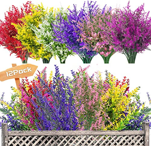Garlag 12 Bundles Artificial Lavender UV Resistant Plants Outdoor Faux Flowers Shrubs for Floral Arrangement, Indoor Outside Hanging Garden Home Wedding Farmhouse Decor (SixMulti)