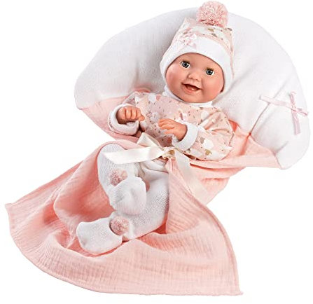 Llorens 1063596 Puppe Bimba, mit blauen Schlafaugen, Babypuppe mit Vinylkörper, inkl. rosa Outfit, Schnuller und weicher Decke, Puppenmädchen, New Born, 35cm