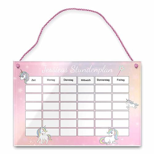 Abwischbarer Stundenplan mit Einhorn aus Acrylglas - individuell personalisierbar! - Einschulungsgeschenk für Mädchen - Schulkind Wochenplaner zum Aufhängen an der Wand