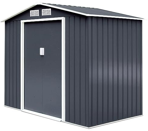 TANGZON 7x4FT/8.5x7/9x6FT Metal Garden Shed, Galvanized Roof Tool Storage House with Double Sliding Doors, Floor Foundation, Ramp & Louvers, Outdoor Gardening Shed Box (9x6FT, Dark Grey)