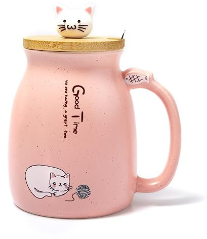 lachineuse - Tasse Kawaii 450ml - Grande Tasse Chat avec Couvercle & Cuillère - Mug à Infusion, Thé & Café - Tasse Originale Japonaise - Idée Cadeau Japon Asie - Kitty Mignon - Coloris Rose