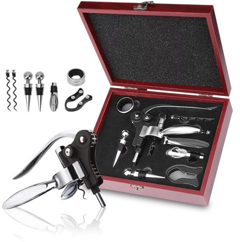 Qdreclod Tire Bouchon, 8 Pièces Ouvre Bouteille de Vin avec Boite Cadeau, Ensembles d'accessoires pour Vin avec Coupe-Capsule, Ouvre-Lapin, Anneaux Anti-Goutte, Bouchon et Verseur Vin, Vis sans Fin