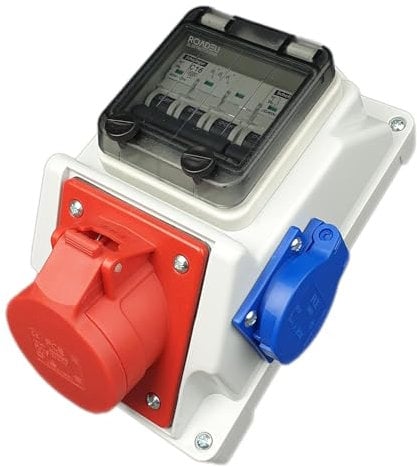 RoadEu - Kombi Wandsteckdose 16A 5P - 1x Schuko 230V - mit Leitungsschutzschalter C16A. Stromverteiler IP44