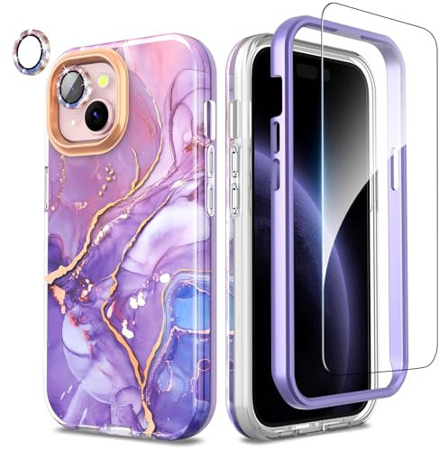 SHEDEER 4-in-1 iPhone 15 Hülle mit Schutzfolie + Stoßfänger & Kameraschutz | Militärischer Stoßfest 360°-Schutz, 15 Hülle Glänzend Fade-Resistant Muster-Design Handy Case (Lila)