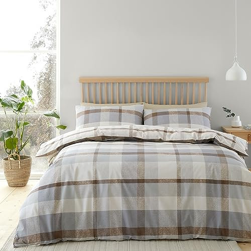 Catherine Lansfield Brushed Cotton Check Reversible Single Duvet Cover Set with Pillowcase Natural