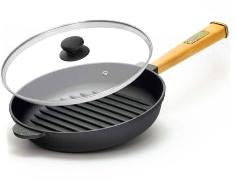 4BIG.fun Padella Ø 24 cm in ghisa con coperchio in vetro a induzione, manico in legno