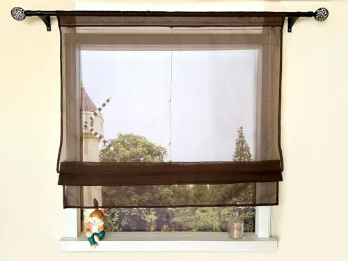 Devola Raffrollo Einfarbig Voile Raffgardinen Küchengardinen Transparent Bändchenrollo mit Tunnelzug Fertiggardinen Moder HxB 140x120cm Braun 1 Stück