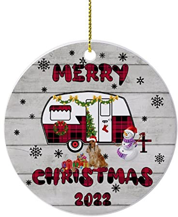 Weihnachtsbaumschmuck Frohe Weihnachten Camper Wohnwagen Weihnachten Ornament Andenken Hängende Ornament Wohnkultur Hängende Anhänger 7,6 cm Rund Keramik Xmas Ornamente Camper Geschenk