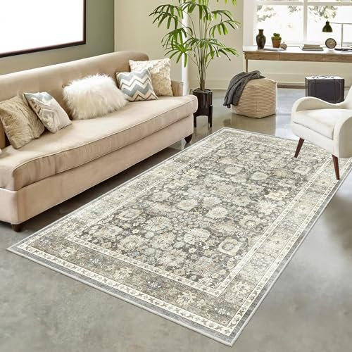HOMFINE Vintage Teppich - Wohnzimmer Teppich Schlafzimmer Teppich Waschbarer Teppiche Esszimmer Teppich Kurzflor Outdoor Teppich Flauschiger rutschfest Teppich 80 x 150 cm Grau