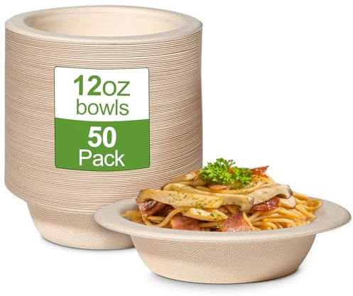 GREENESAGE 50 Pack Paper Bowls Disposable Bowls 12oz Eco-Friendly, Sugarcane Strong Heavy Duty Brown Bowls Compostable Soup Dishes for Hot Food Wedding