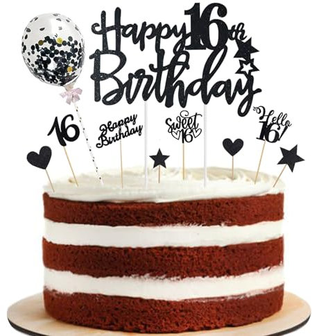 ALEGRE Sweet 16 Geburtstag Jungen Mädchen,10 Stück Schwarz Tortendeko 16 Geburtstag Deko,Glitzer Happy 16th Birthday Cake Topper,Hello 16 Kuchen Deko 16 Jahre,Tortenaufsätze Geburtstagsdeko 16
