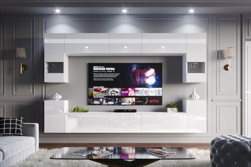 Com4t-Style C27 XL White Gloss Living Room Furniture Set LED Lighting for TV up to 65 - TV Unit - Push to Open TV Cabinets for Living Room - 300 x 186 x 35 cm