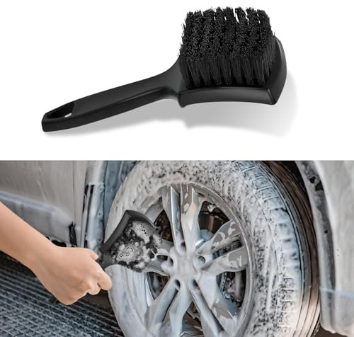 deemars Radbürste für Felgen, Autowaschbürste mit weichen Borsten, Reinigt Reifen und entfernt Schmutz und Ablagerungen, Autozubehör Kurzer Stiel Reifenreiniger für die Autodetailpflege (Schwarz)
