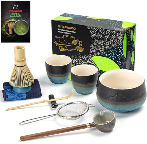 TEANAGOO Matcha Set Matcha Whisk Matcha Bowl with Water Ladle (Hishaku) Matcha Whisk Holder Tea Making Kit.Japanese Tea Set(7pcs)+2Cups(5.6oz)+1Cermaic Spoons,S23,Gradient Navy Black,Nice Packing