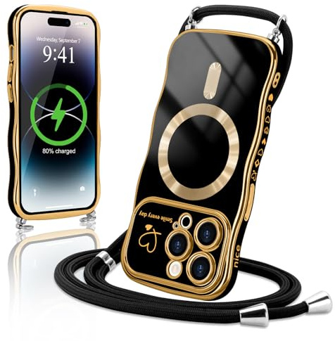Lafunda Handykette für iPhone 15 Pro Max hülle mit Band Magnetisch Handyhülle Süß lockige Wellen Rahmenform Schutzhülle Liebe Plating Case mit Kordel zum Umhängen für iPhone 15 Pro Max Schwarz