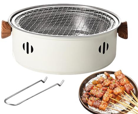 Tisch-Holzkohlegrill, tragbarer Grillkohle, Tischgrill-Grill, Holzkohle mit Holzgriff und Netzheber für drinnen und draußen, Beige (31 x 28 x 9,9 cm)