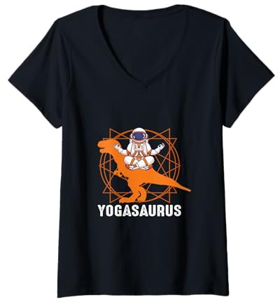 Damen Lustiges Yoga-T-Shirt. Yogasaurus T Rex Trex Yoga Spaceman T-Shirt mit V-Ausschnitt