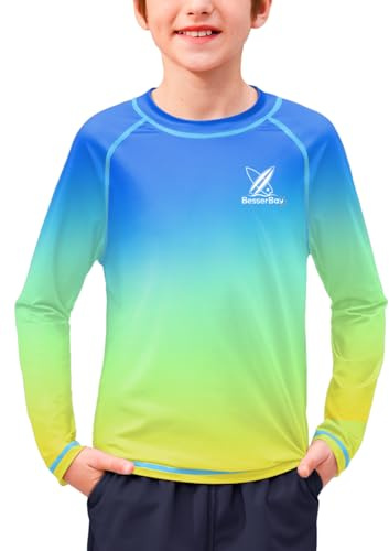 BesserBay Rashguard T-shirt anti-UV à manches longues pour enfant UPF 50+ 110-150, bleu, vert et jaune, 130