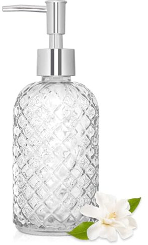 450ml Glass Soap Dispenser with Rustproof Plastic Pump – Diamond Cut Design, Refillable Liquid Hand Soap Dispenser for Bathroom, Countertop, Kitchen Sink, and Countertop Decor(Clear)
