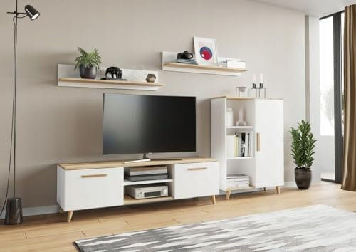 Per la vita Schrankwand Weiß-Artisan Oslo – Modernes Regalwohnzimmer Set in Weiß/Artisan - Möbel Modern mit integriertem Wohnzimmerschrank, TV Schrank & Wandregal x2