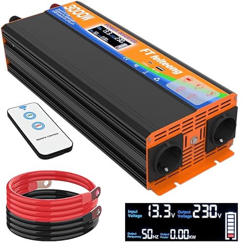 3000W /5000W（Peak） Modifizierter Wechselrichter 12V auf 230V Spannungswandler mit 2 Europäische Steckdose und USB-C-Anschluss und QC 3.0-Hafen LCD Spannungsanzeige，Für Wohnmobil Haushaltsgeräten