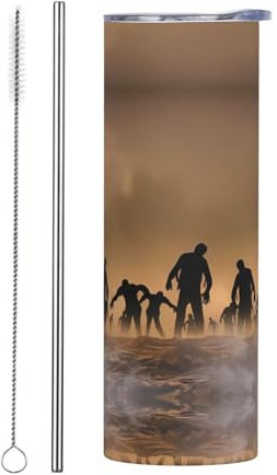 POEZJZW Many Zombie - Taza de café aislada de acero inoxidable de 20 onzas con tapa y popote, taza de viaje al vacío de doble pared a prueba de fugas
