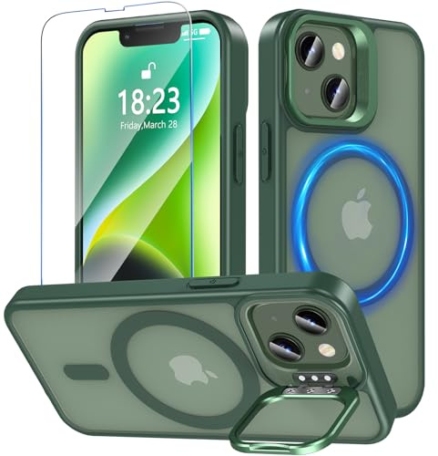 OWKEY Magnetisch für iPhone 13/iPhone 14 Hülle Mit Ständer,Kompatibel mit MagSafe,Schutzhülle mit Schutzfolie,Militär Fallschutz Stoßfest Handyhülle,Durchscheinend Matt Grün