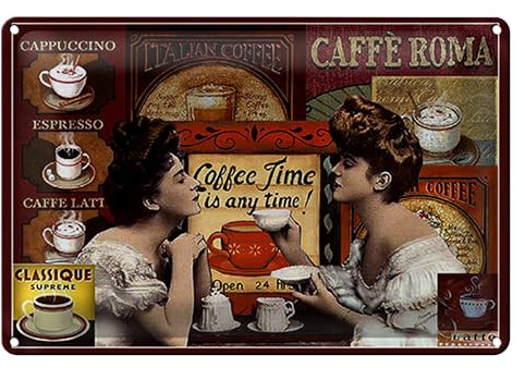 Vintage Blechschilder | Coffee Time | Caffe Roma | Retro Kaffee Deko | 40 cm x 30 cm