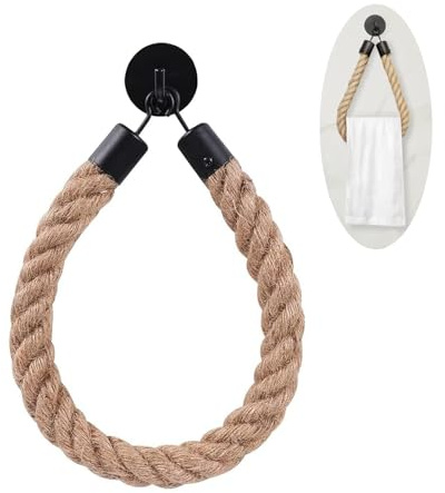 Toilettenpapierhalter Seil Vintage Handtuchhalter, Toilettenpapierhalter, Handtuchhalter, Schicker WC Papierhalter aus Naturfaser Hanfseil, Matt Schwarz Bohrfrei