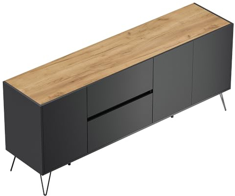 Lomadox Sideboard Kommode mit 177 cm Breite in Graphit mit Eiche, mit 3 Türen und 2 Schubladen, Softclose & Push-to-Open, modern, grifflos