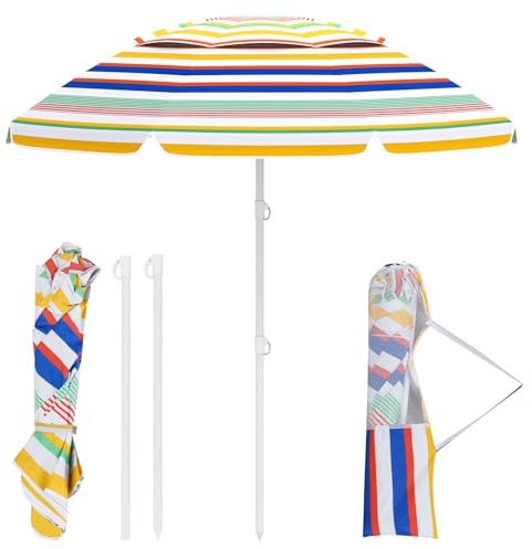 COSTWAY 2M Beach Umbrella with Carrying Bag, UPF50 + Sun Protection Sunshade Shelter, Outdoor Garden Patio Waterproof Tilting Parasol (Colorful)