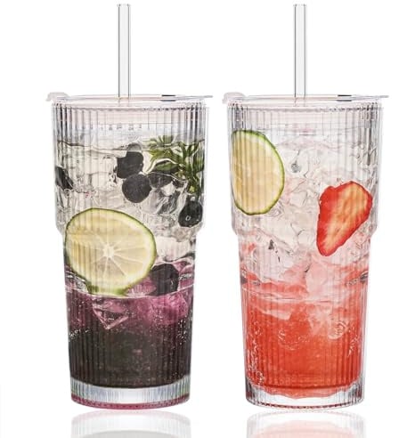 AprZLee 600ml Glasbecher mit Deckel und Strohhalm, 2 Stück Glasbecher mit Deckel und Strohhalm, Eiskaffeebecher mit Deckel, Trinkgläser für Saft, Smoothies