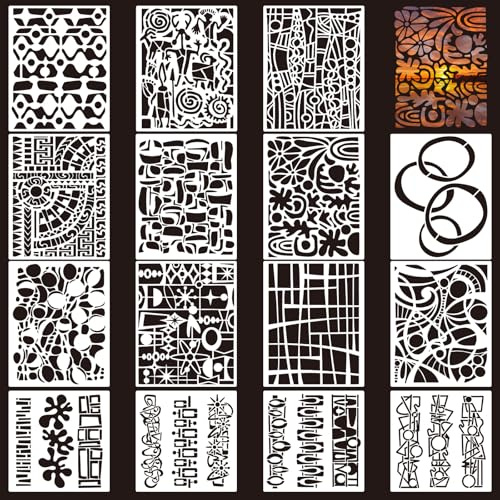15 Pcs Geometric Stencils, Reusable Abstract Texture Stencils for Painting and Mixed Media Art Designs, Stencil for Crafts Painting on Card Canvas Paper Scrapbook Walls Wood Floor(10x8 Inch)