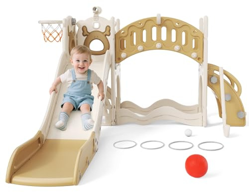 Krovtoy Kleinkinderrutsche, Kinderrutsche mit Basketballkorb, Aufbewahrungsbox und Kleinkinderklettergerüst, freistehende Rutsche für drinnen und draußen (Khaki-Active -6in1)