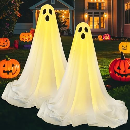 CHENBOOW Halloween Deko Geister,2 Stück Halloween Deko Outdoor,Beleuchteter Geist,Geister Deko mit Lichterkette,Beleuchtete Weiße Stoffgeister,für Vorgarten Terrasse Rasen Garten Partydekor