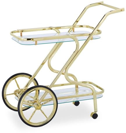 LOKLNEYK Servierwagen aus Glas & Metall Moderner Barwagen auf Rollen mit 2 Glasablagen, Messingfarbenes Gestell, Küchenwagen & Getränkewagen für Wohnzimmer, Esszimmer & Küche