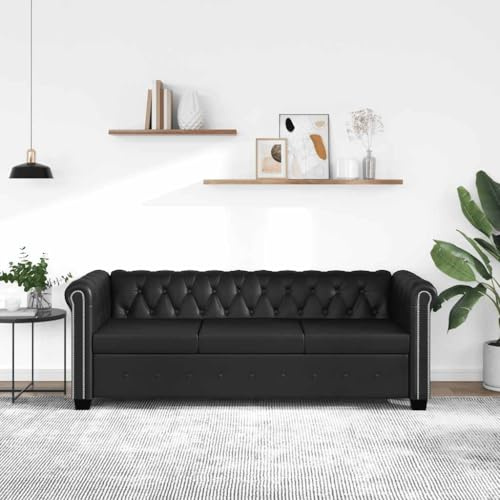 Yisssmeng Chesterfield Sofa Schwarz 3-Sitzer Kunstleder 200×76×70 cm, Knopfheftung & Nieten, Holzrahmen, Komfortpolster, für Wohnzimmer Büro Flur