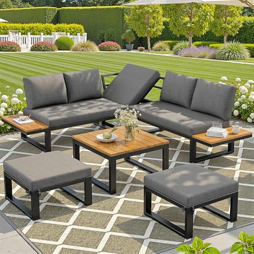 Huayz Gartenlounge-Set 6-teiliges, Mit Verstellbarer Rückenlehne, Ecksofa mit Couchtisch & Hockern, wetterfestes Stahlgestell, Sitzkissen, Outdoor Lounge für Balkon & Terrasse