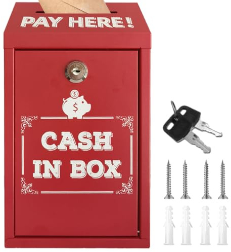 Geldkassette mit Schlüssel, 14.5x7.5x26cm Briefkasten Schlüsselkasten, Geldkasse für Bargeld, Metall-Spendenbox, Wandbriefkästen, sichere Vorschlagsbox Einwurfschlitz für Zuhause, Büro, Rot
