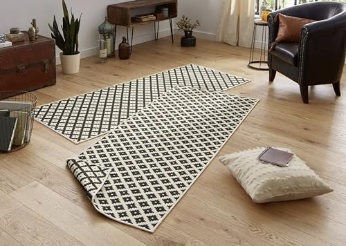 NORTHRUGS In- und Outdoor Teppich Nizza 80x250cm - Wendeteppich Wetterfest Modernes Geometrisches Muster Läufer für Balkon Terrasse Garten Wintergarten Wohnzimmerteppich Wasserfest in Schwarz Creme