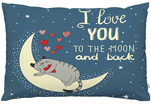 EKOBLA Wurfkissenbezug Schlafende Tier Katze I Love You To The Moon Back Zitat Buchstabe Doddle Cute Stars Decor Lendenkissen Fall Kissen für Sofa Couch Bett Standard Queen Size 50,8 x 76,2 cm