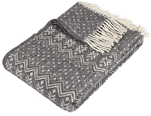 Arctic Wolldecke Nordic - Hochwertiges Plaid mit Norwegermuster im Scandi Design - 100% Schurwolle mit Woolmark Siegel - 130 x 200 cm - Grau Gemustert