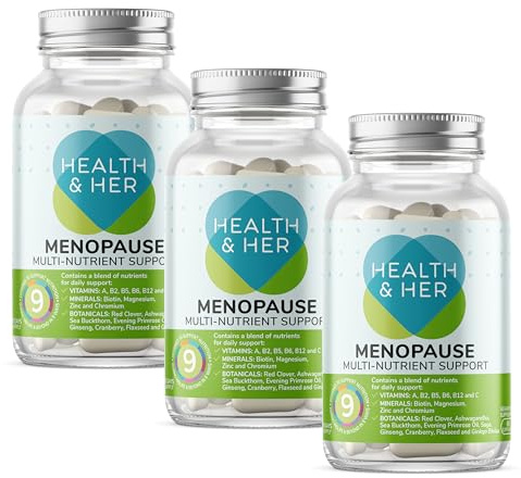Health & Her Menopause Supplement, Multivitamin for Women, 90 Day Supply | 9-in-1 daily multivitamin for women during Menopause, with Ashwagandha & Red Clover; Vegan, gluten-free; 180 capsules