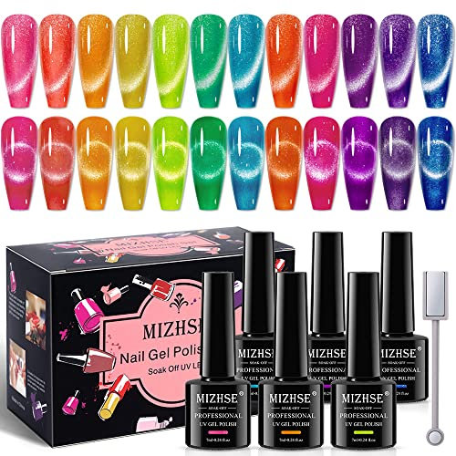 MIZHSE Cat Eye Gel Nagellack Set Glitzer Neon Reflektierendes 8 Farben Gel Nagellack Set Disco Leuchtende Gellack Fluoreszierende Gellack UV Nägel DIY Nagel Kunst Salon