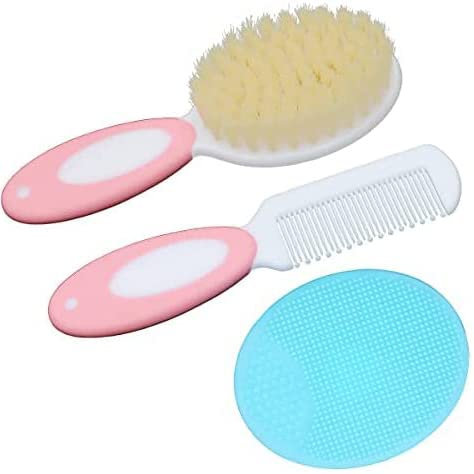 Lot de brosses à cheveux pour bébé fille en poils de chèvre naturels doux pour nouveau-né (Rose)