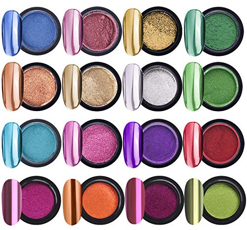 Hojffuue 16 GläSer Chrom Nagel Pulver Metallisch Nagel Kunst Puder Spiegel Effekt ManiküRe Pigment mit 16 StüCke Lidschatten Sticks