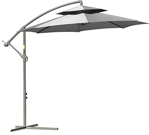 Outsunny sombrilla parasol voladizo Ø2,67 x 2,45 m sombrilla de manivela con doble dosel base cruzada acero protección solar exterior poliéster acero gris claro