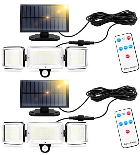 Luce Solare Led Esterno con Sensore di Movimento, Lampada Solare Esterno, Faretto Solare Esterno, 224 LEDs, 1600 Lumen, 4 modalità, 5m Cavo, con Telecomando, per Giardino/Posto Auto Coperto (2)