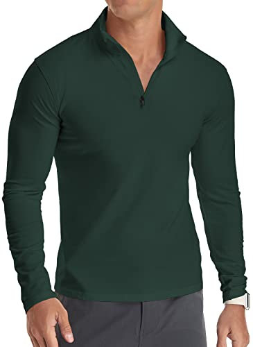 KUYIGO Men's Long Sleeve Polo Shirts 1/4 Zip Plain Casual Slim Fit Mock Neck Basic Designed Cotton Shirts L Dark Green